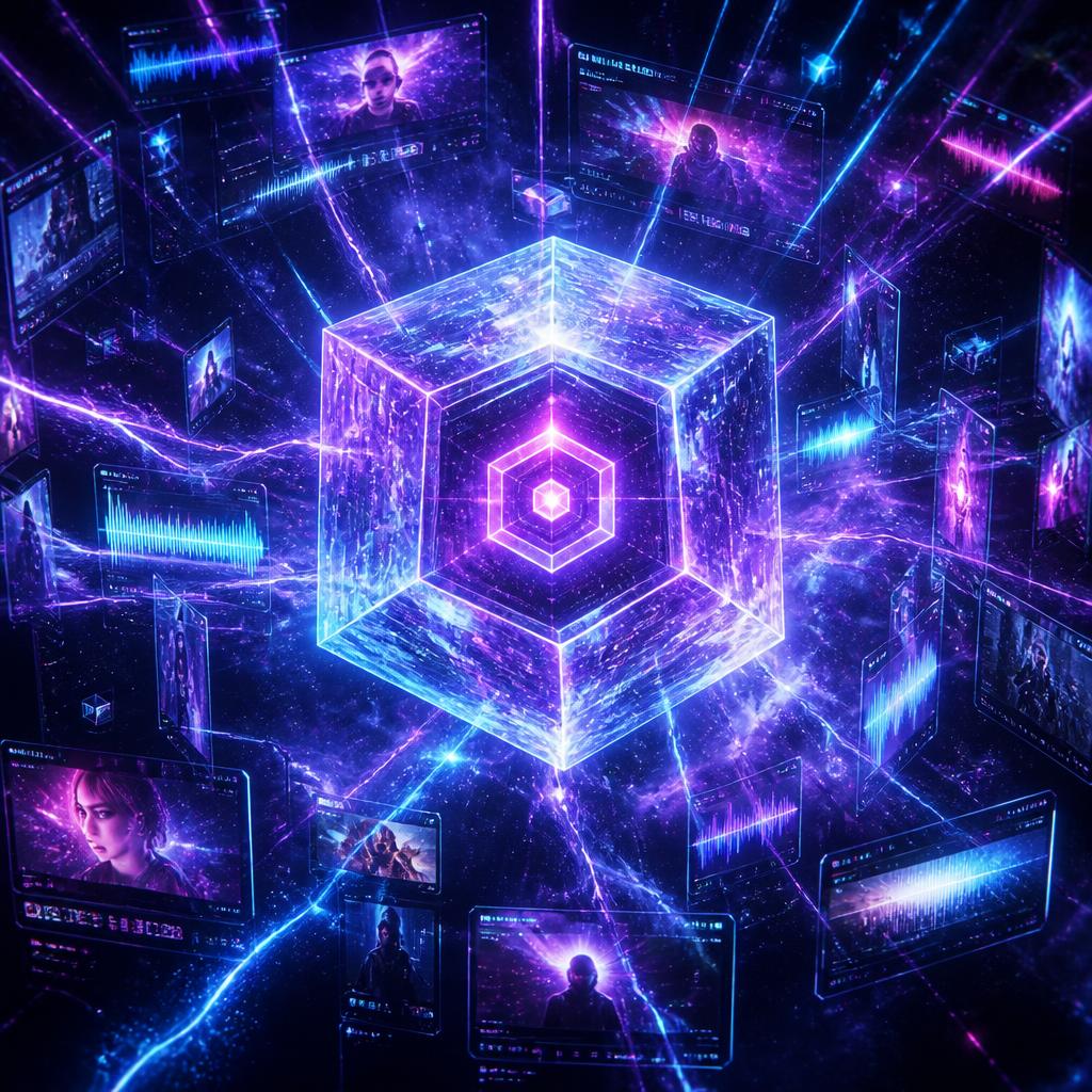 Núcleo de cristal de OmniAi rodeado de paneles de imagen, vídeo y audio